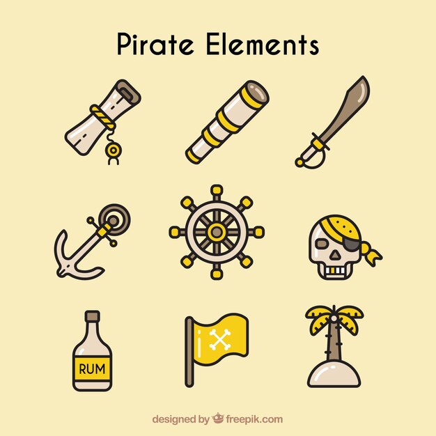 Set de elementos de pirata en estilo lineal
