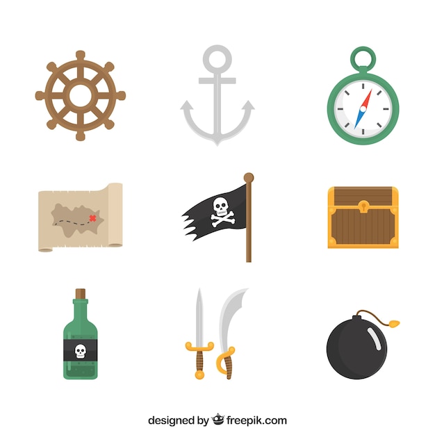 Vector gratuito set de elementos pirata planos