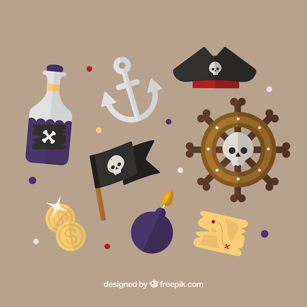 Vector gratuito set de elementos de piratas en diseño plano