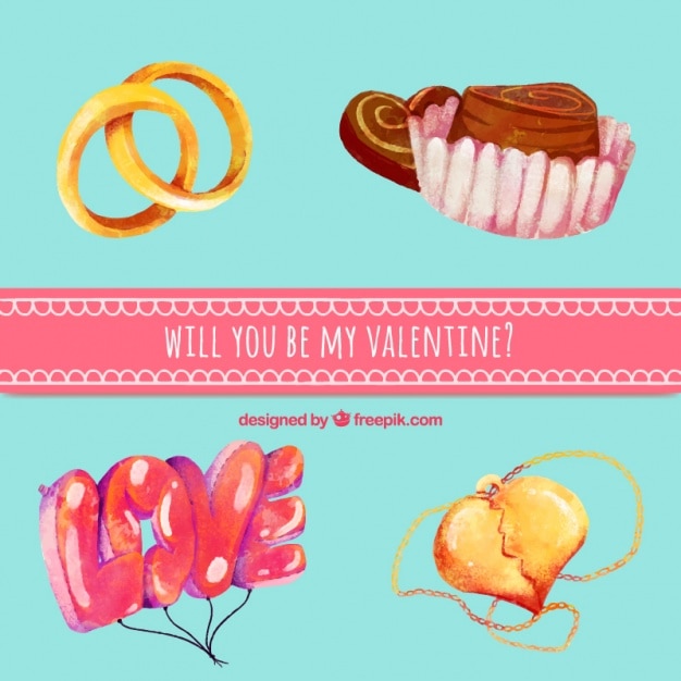 Vector gratuito set de elementos de san valentín de acuarela