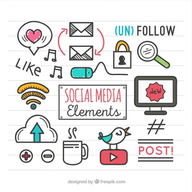 Set de elementos de social media dibujados a mano