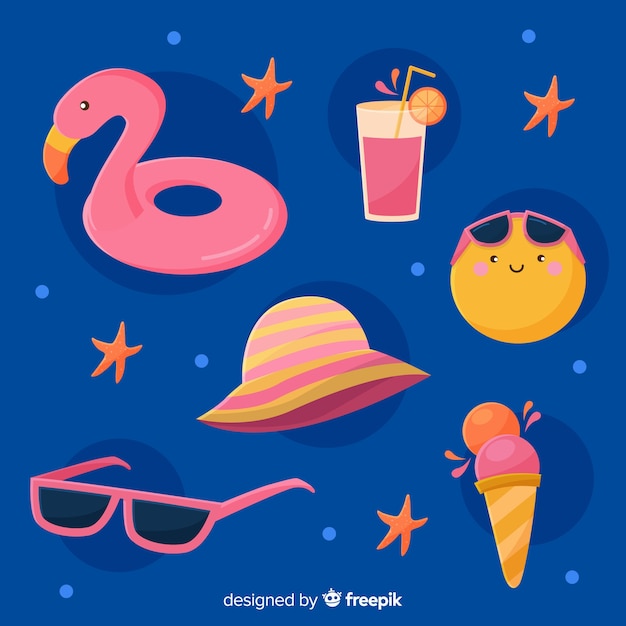 Vector gratuito set de elementos veraniegos de estilo kawaii