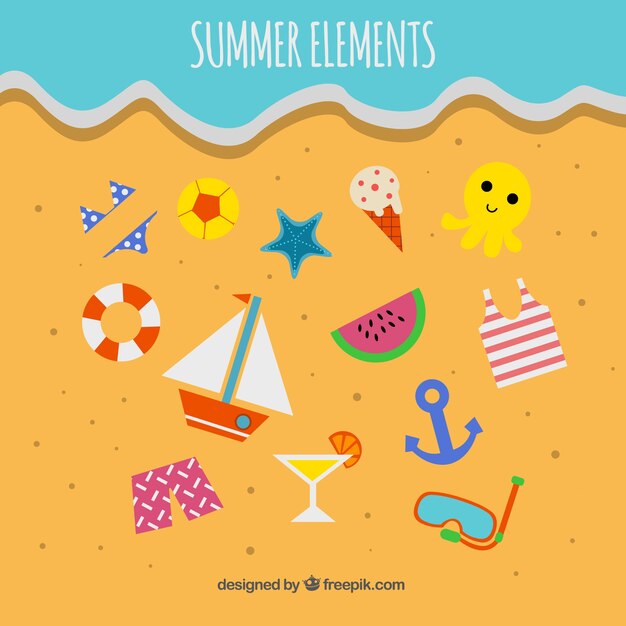 Set de elementos de verano en la arena