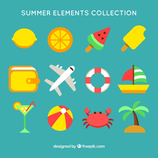 Set de elementos de verano coloridos en diseño plano