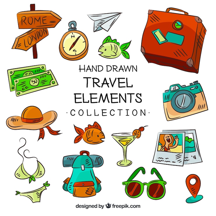 Vector gratuito set de elementos de viaje en estilo hecho a mano