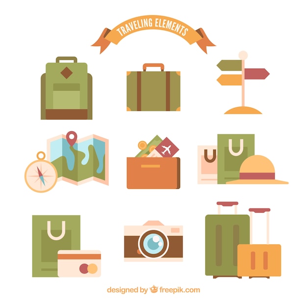 Set de elementos de viaje en estilo plano