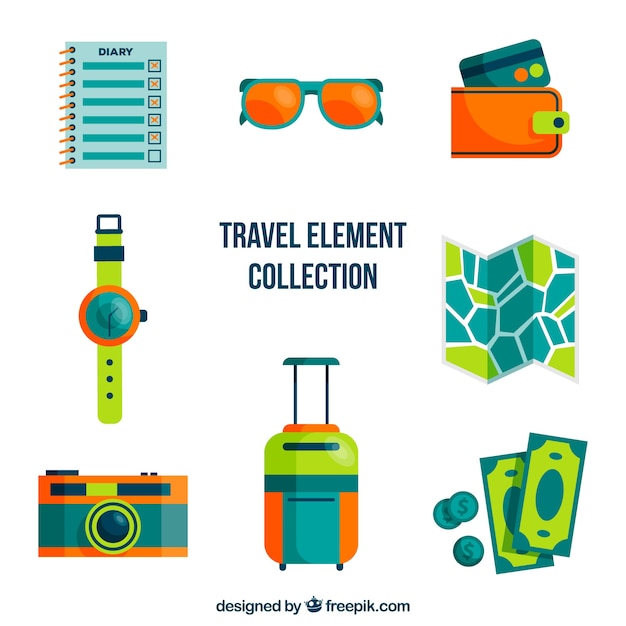 Vector gratuito set de elementos de viaje en estilo plano