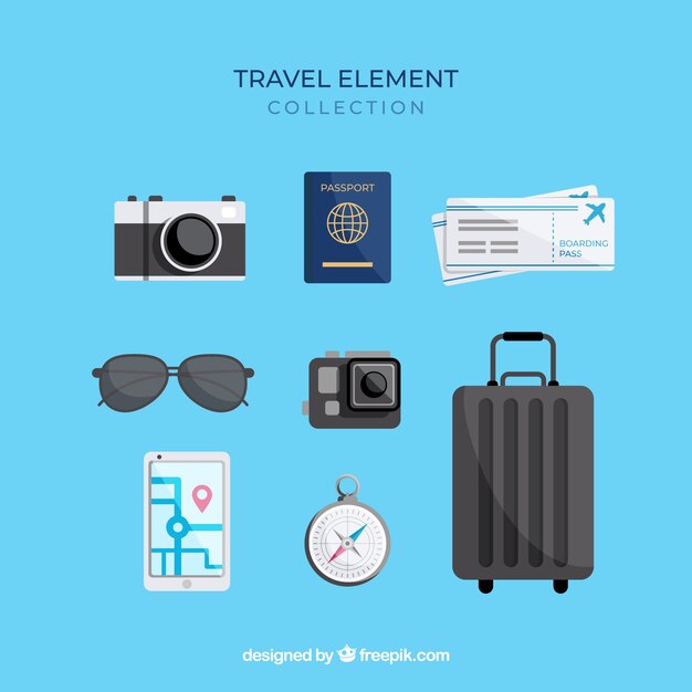 Set de elementos de viaje en estilo plano