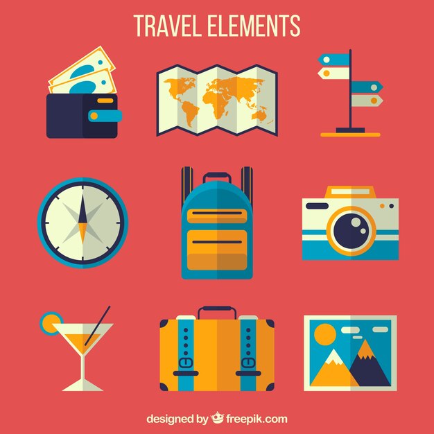 Set de elementos de viaje retro en diseño plano