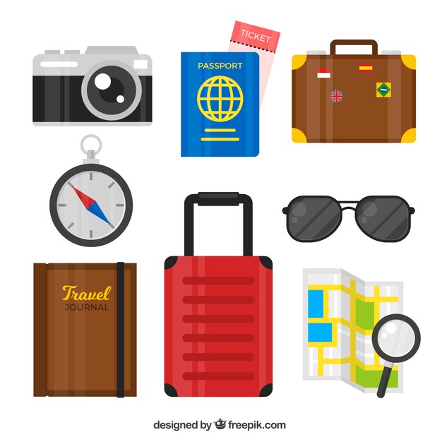 Set de equipaje con pasaporte y otros elementos de viaje