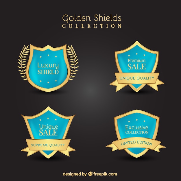 Vector gratuito set de escudos de descuentos azules y dorados