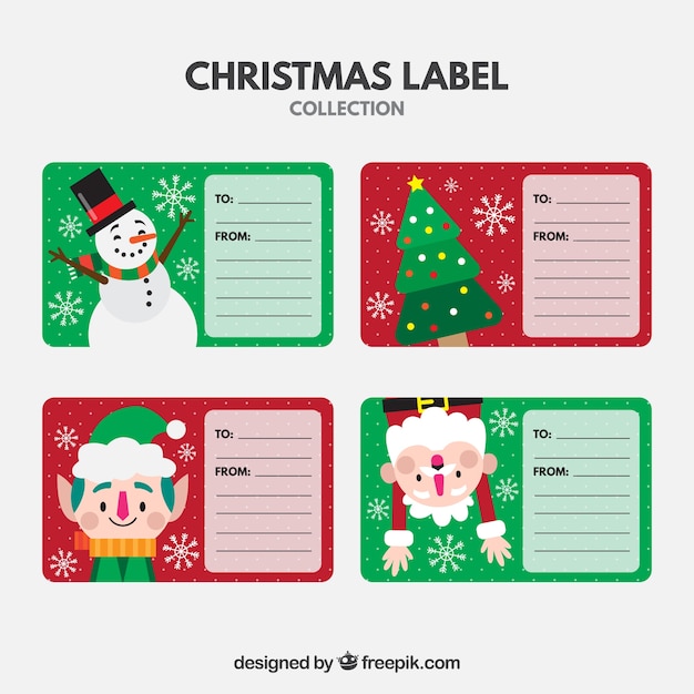 Vector gratuito set de etiquetas coloridas con personajes de navidad