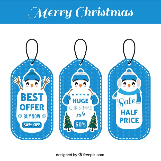 Vector gratuito set de etiquetas de ofertas navideñas con simpático muñeco de nieve