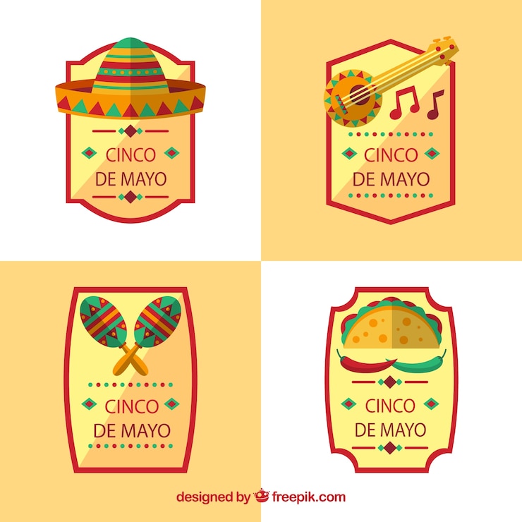 Vector gratuito set de etiquetas planas con objetos mexicanos tradicionales