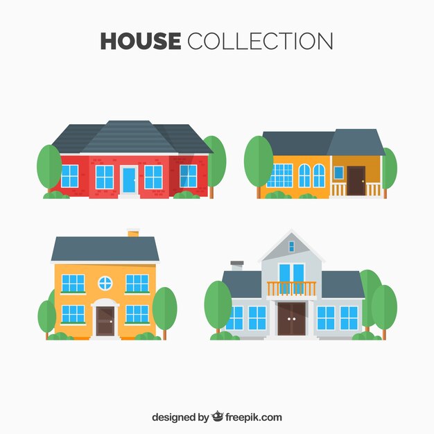Set de fachadas de casas en diseño plano 