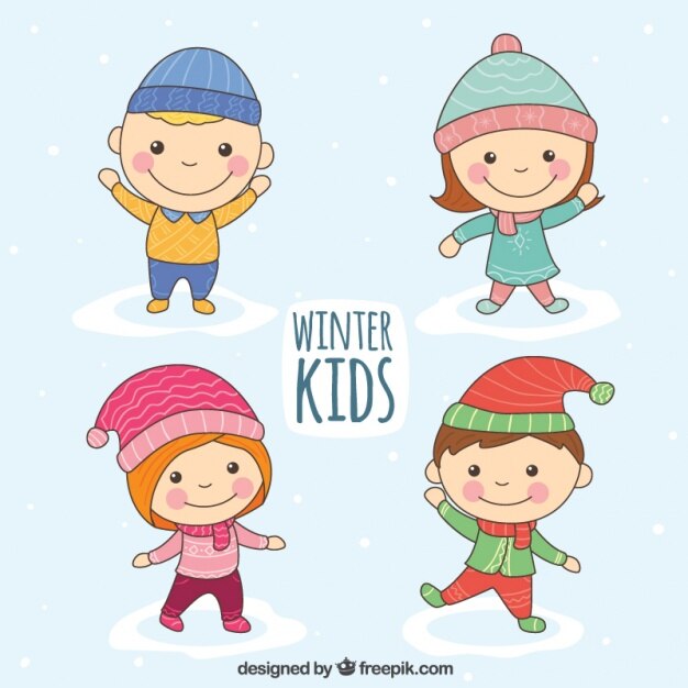 Set de felices niños dibujados a mano con bonita ropa de invierno 