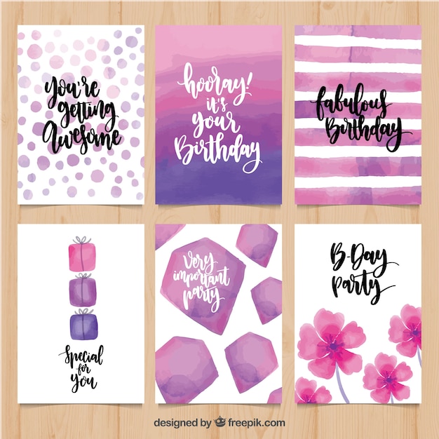Set de felicitaciones de cumpleaños de acuarela en estilo vintage