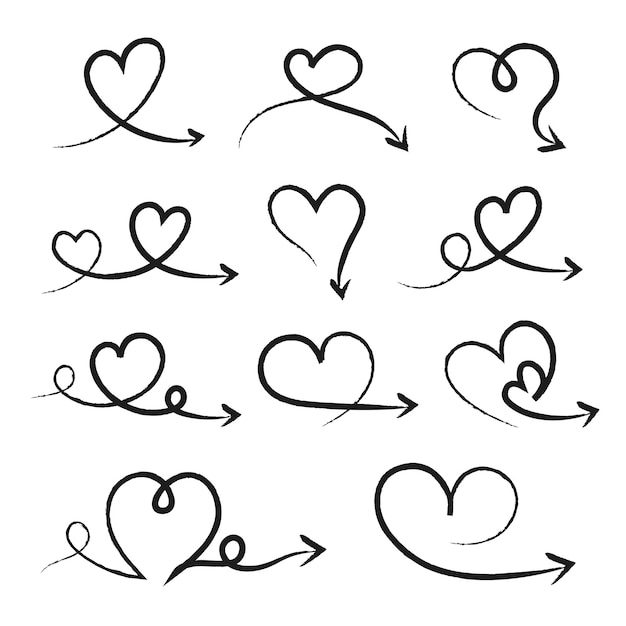Set de flechas en forma de corazón y trazos de pincel
