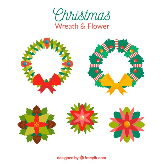 Set de flores y coronas navideñas en diseño plano 
