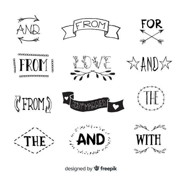 Set de frases de boda dibujados