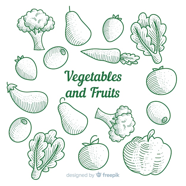 Vector gratuito set frutas y verduras sin color dibujadas a mano