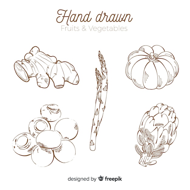 Vector gratuito set frutas y verduras sin color dibujadas a mano