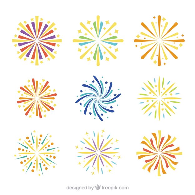 Set de fuegos artificiales en diseño plano para celebración
