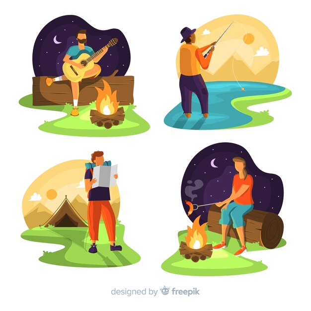 Set de gente acampando en la naturaleza