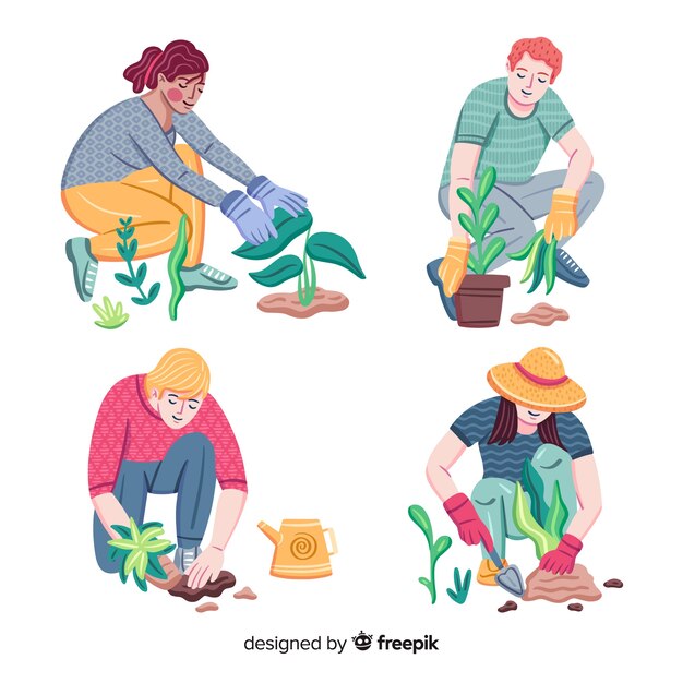 Set de gente cuidando de las plantas