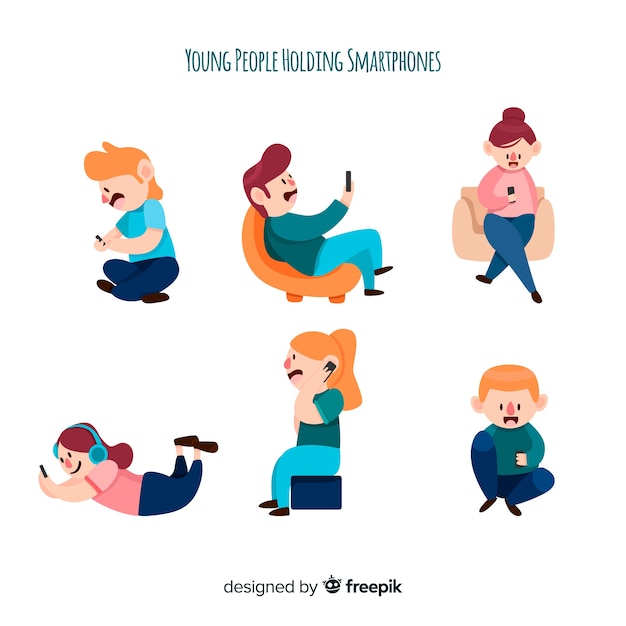 Set gente joven dibujada a mano usando el smartphone