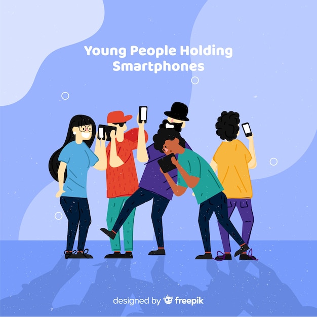 Set gente joven dibujada a mano usando el smartphone