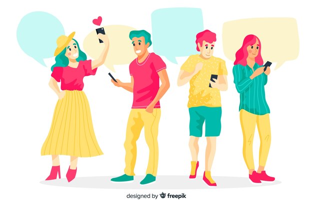 Set gente joven dibujada a mano usando el smartphone