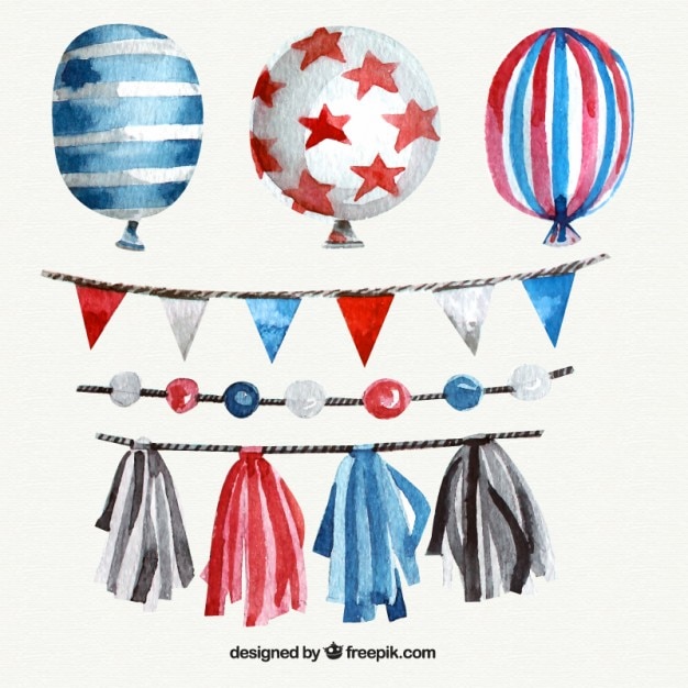 Vector gratuito set de globos y banderines de acuarela