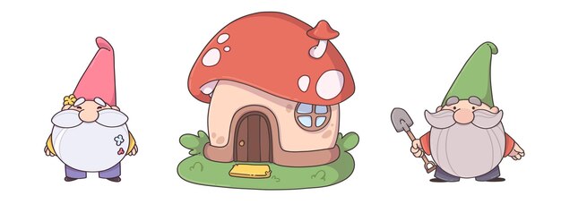 Set de gnomos de jardín y casas de hongos