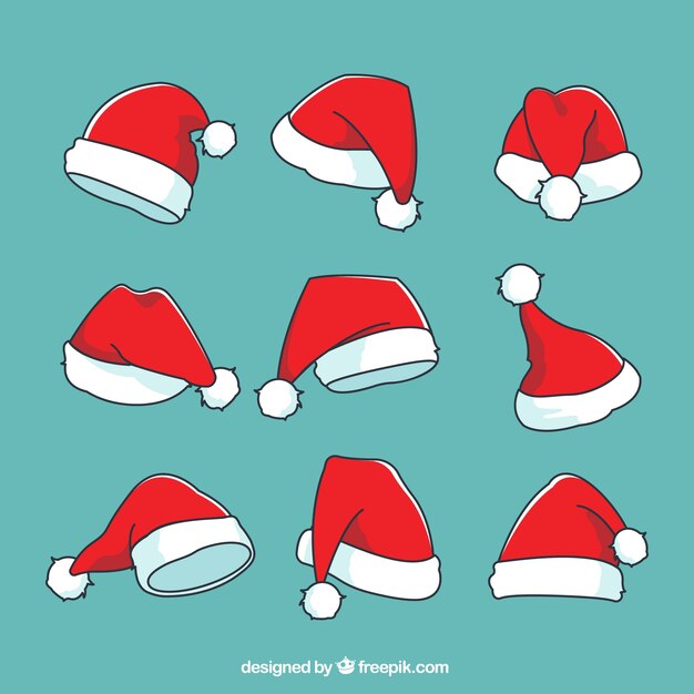Set de gorros de papa noel dibujados a mano 