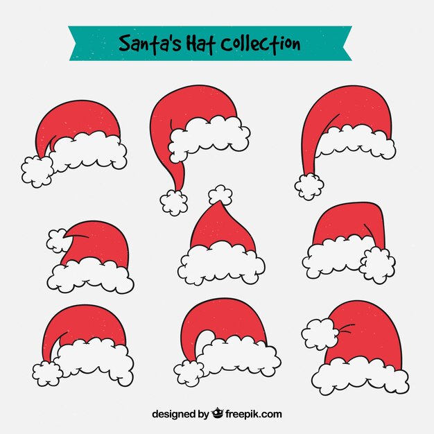 Set de gorros de de santa claus dibujados a mano