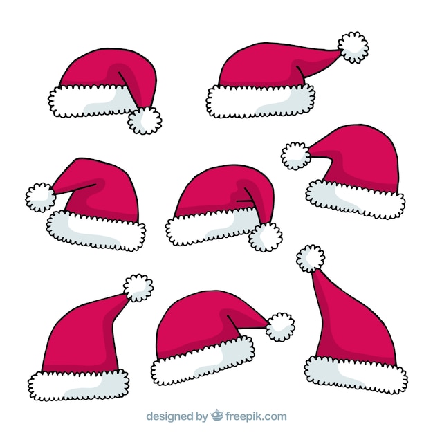 Vector gratuito set de gorros de santa claus dibujados a mano