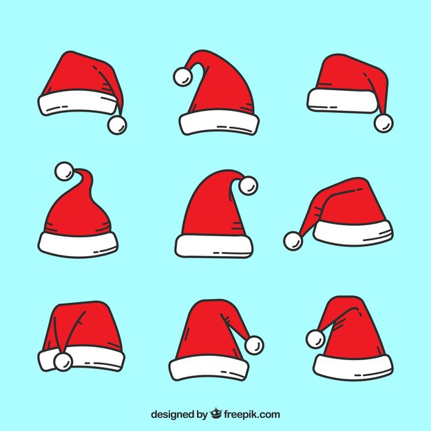 Set de gorros de santa claus dibujados a mano 