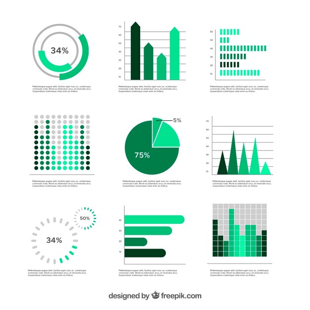 Set de gráficas de color verde en diseño plano 