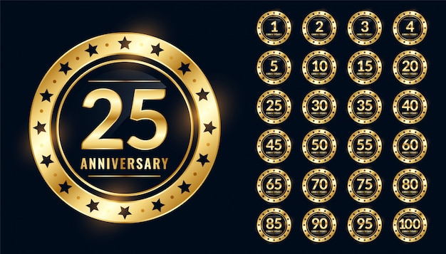 Vector gratuito set grande de insignias de aniversario en colores dorados premium