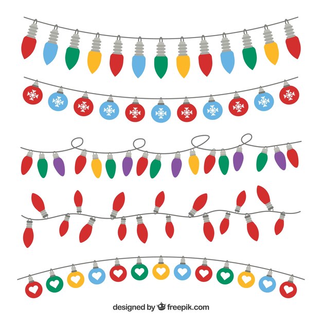 Set de guirnaldas de luces de colores en diseño plano 
