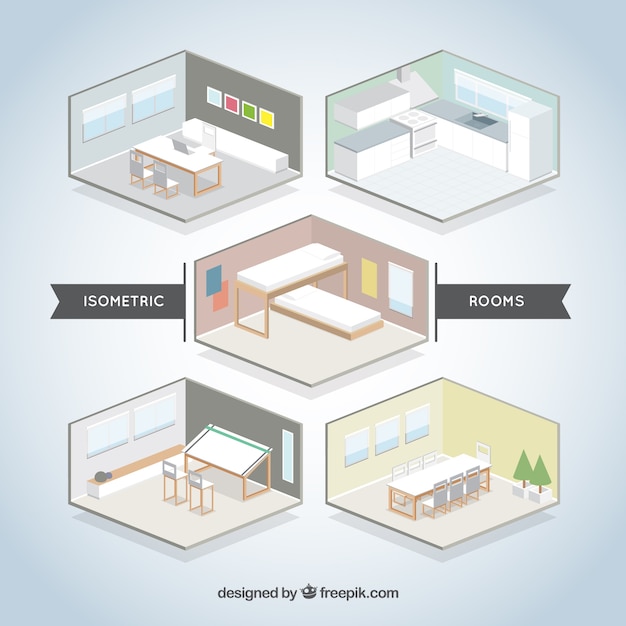 Vector gratuito set de habitaciones isométricas