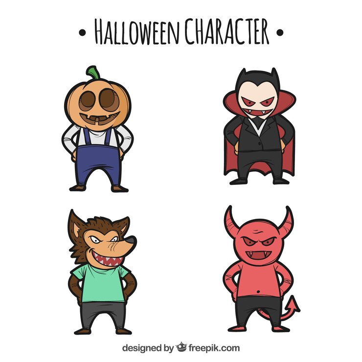 Vector gratuito set de halloween de personajes dibujados a mano
