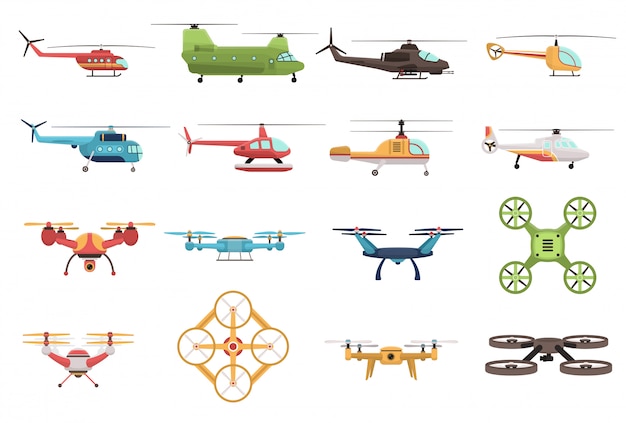 Vector gratuito set de helicópteros y drones
