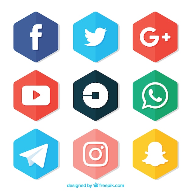 Set de hexágonos de colores con logos de redes sociales 