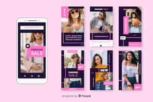 Vector gratuito set de historias de instagram de rebajas de moda