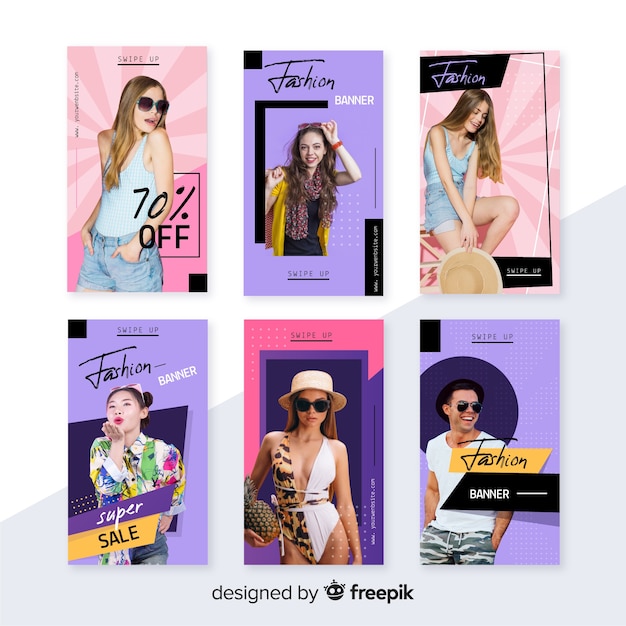 Vector gratuito set de historias de instagram de rebajas de ropa con imagen