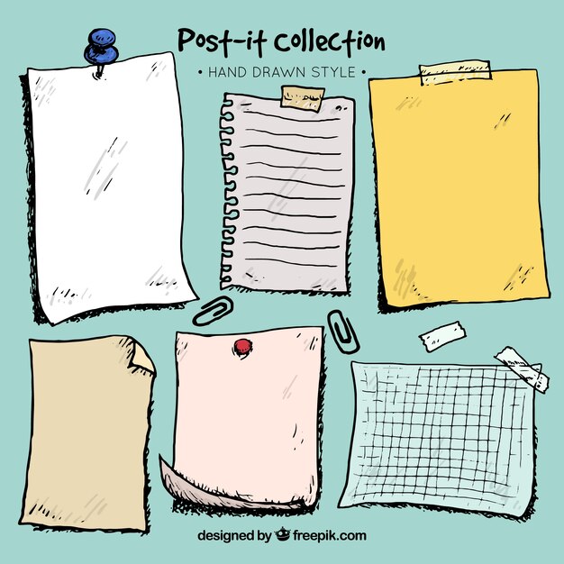 Set de hojas y post-it dibujados a mano 