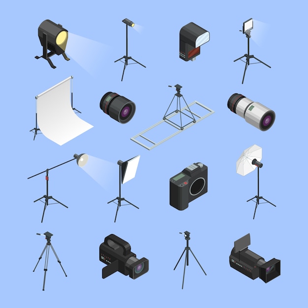 Set de iconos isométricos de equipo de estudio de foto profesional