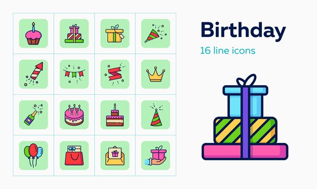 Set de iconos de la línea de cumpleaños Regalos de pasteles